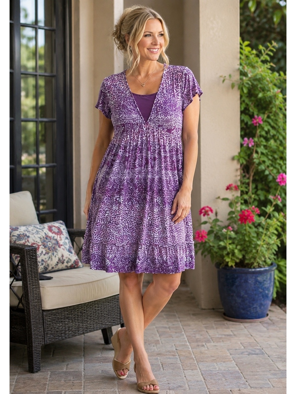 Faded Glory XL 14-16 Purple Paisley Empire Waist Tunic Dress Stretch